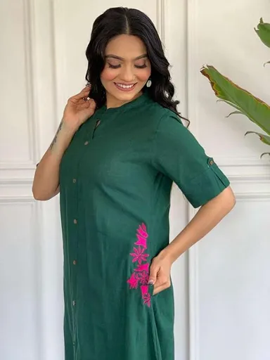 Women’s Cotton Embroidered | A-Line Kurti with Palazzo | Green | Medium Size | Ethnic Wear for Daily| Party & Office thumbnail 3