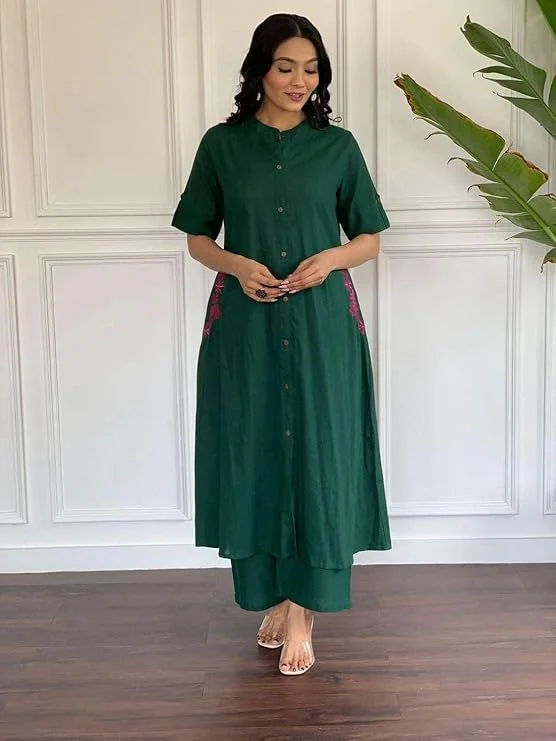 Women’s Cotton Embroidered | A-Line Kurti with Palazzo | Green | Medium Size | Ethnic Wear for Daily| Party & Office image 1