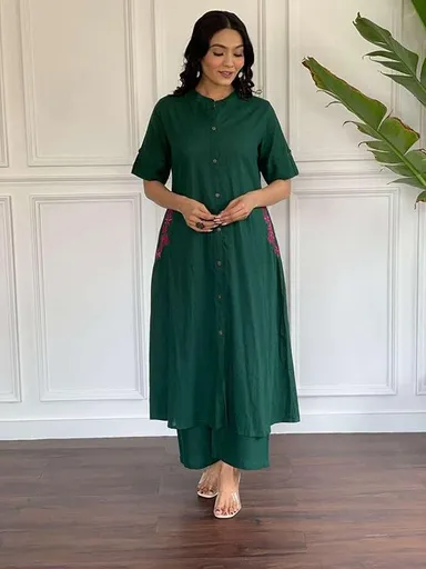 Women’s Cotton Embroidered | A-Line Kurti with Palazzo | Green | Large Size | Ethnic Wear for Office| Party & Daily Use thumbnail 0