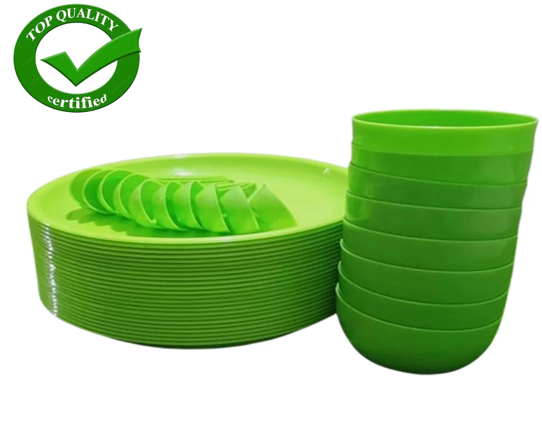 Plastic Dinner Set for 6 |18-Piece Unbreakable Microwave Safe Plates| Bowls & Spoons, Red Round Tableware for Family Use image 1