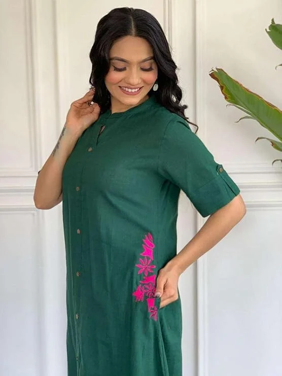 Women’s Cotton Embroidered | A-Line Kurti with Palazzo | Green | XL Size | Ethnic Wear for Office | Party & Daily Use image 4