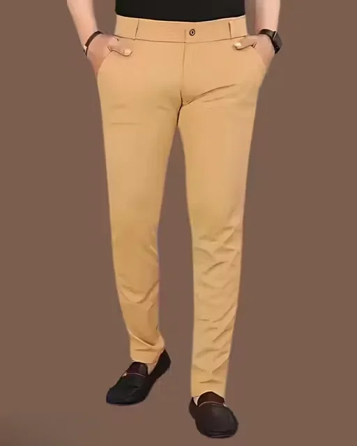 Unique Men’s Khaki Lycra Trousers Pack of 2 | M Size Wrinkle-Free Slim Fit Pants | Stretchable Everyday Comfort Wear for Men image 2