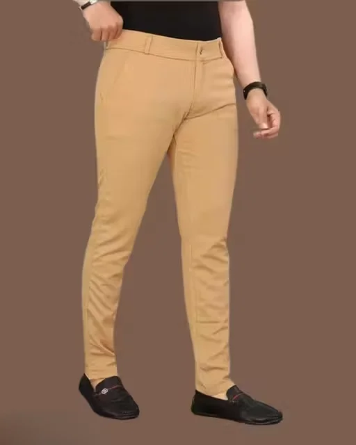 Unique Men’s Khaki Lycra Trousers Pack of 2 | L Size Wrinkle-Free Slim Fit Pants | ideal for office travel and everyday wear image 2