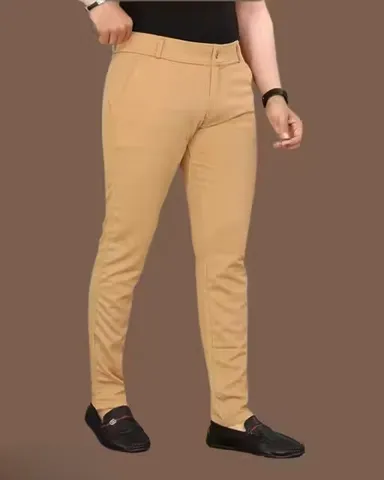 Unique Men’s Khaki Lycra Trousers Pack of 2 | L Size Wrinkle-Free Slim Fit Pants | ideal for office travel and everyday wear thumbnail 1