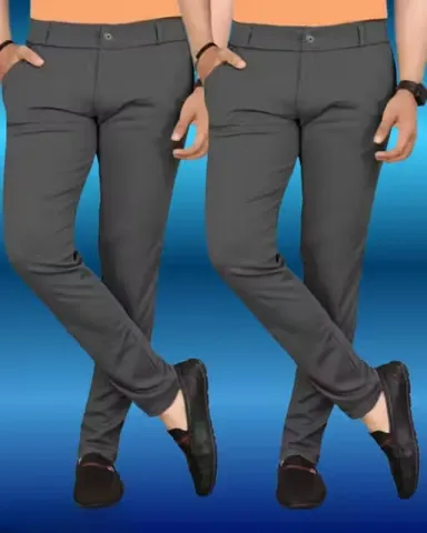 Grey Color Lycra Trousers Pack of 2 | Premium Wrinkle-Free Stretchable Pants for Men – L Size Smart Casual & Office Wear