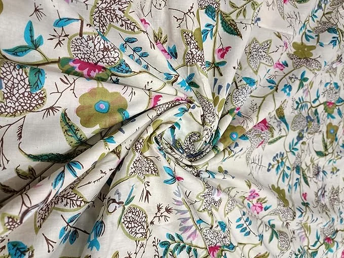 Jaipuri Block Print Cotton Fabric 2.5 Meter White Floral Printed Running Cloth 44-Inch Width for Women Kurtis & Dress Material image 1
