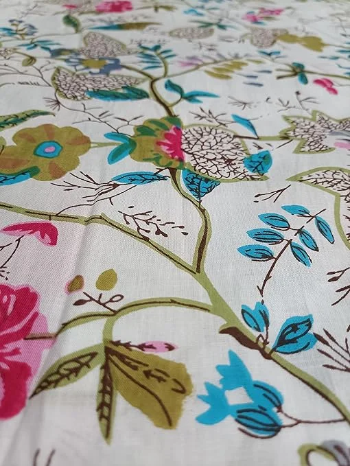 Jaipuri Block Print Cotton Fabric 2.5 Meter White Floral Printed Running Cloth 44-Inch Width for Women Kurtis & Dress Material image 2