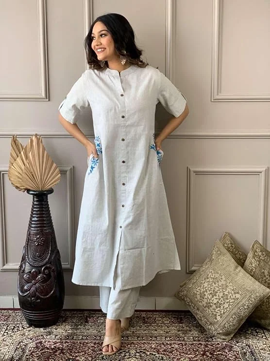 Women Cotton Embroidered Kurti | Long A-Line | Grey Palazzo Set | Summer Ethnic Wear | M image 3
