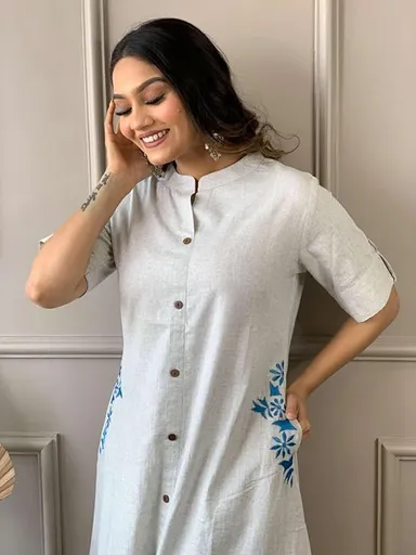 Women Cotton Embroidered Kurti | Long A-Line | Grey Palazzo Set | Summer Ethnic Wear | M thumbnail 3