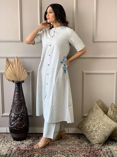 Women Cotton Embroidered Kurti | Long A-Line | Grey Palazzo Set | Summer Ethnic Wear | M thumbnail 0