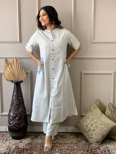 Women Cotton Embroidered Kurti | Long A-Line Kurti with Palazzo | Grey XXL | Casual & Festive Wear thumbnail 2