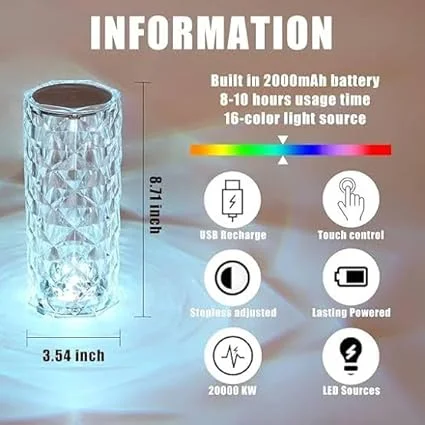 Crystal Lamp | 16‑Color Rose Diamond | USB Rechargeable | Touch & Remote Control Table Night Light | LED Mood Lighting for Bedroom | Party Decor Multicolour image 2