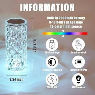Crystal Lamp | 16‑Color Rose Diamond | USB Rechargeable | Touch & Remote Control Table Night Light | LED Mood Lighting for Bedroom | Party Decor Multicolour thumbnail 1