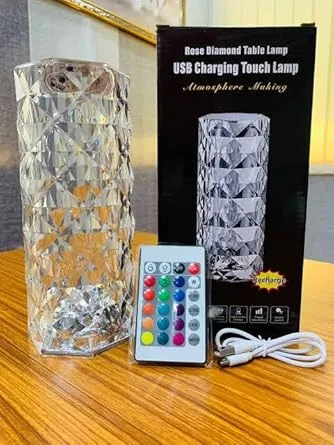 Crystal Lamp | 16‑Color Rose Diamond | USB Rechargeable | Touch & Remote Control Table Night Light | LED Mood Lighting for Bedroom | Party Decor Multicolour image 1