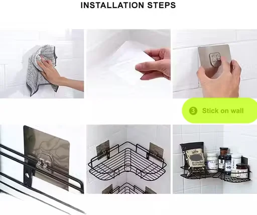 Self Adhesive Corner Shelf| Bathroom Organizer with Magic Sticker| L-Shaped| Multipurpose Storage Rack| Metal| Black| Pack of 1 image 2