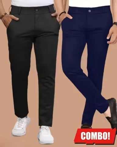 Navy Blue & Black Men’s Premium Lycra Trousers | 36 Size Textured Stretch Fit | Dual Shade Pack of 2