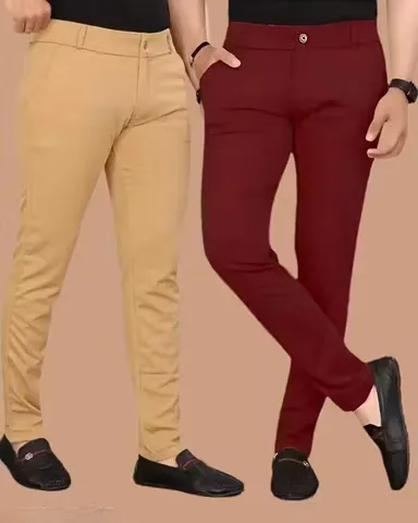 Khaki & Maroon Men’s Premium Lycra Trousers | Size 30 | Stylish Solid Pattern Pack of 2