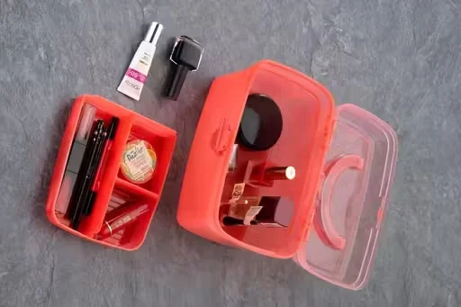 Makeup Box Organizer for Women | Cosmetic Kit Storage Box with 4 Compartments | Portable Travel Makeup Organizer for Dressing Table, Stylish Vanity Case (Red, Plastic) image 3