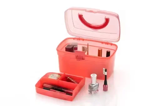 Makeup Box Organizer for Women | Cosmetic Kit Storage Box with 4 Compartments | Portable Travel Makeup Organizer for Dressing Table, Stylish Vanity Case (Red, Plastic) image 4