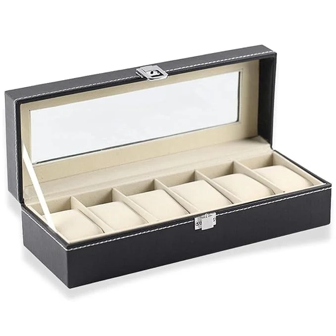 Watch Box Organizer Case | 6 Slot PU Leather Holder for Men & Women | Luxury Black & Gray Watch Storage with Glass Top, Velvet Lining, Travel Friendly image 1