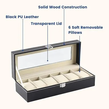Watch Box Organizer Case | 6 Slot PU Leather Holder for Men & Women | Luxury Black & Gray Watch Storage with Glass Top, Velvet Lining, Travel Friendly thumbnail 2
