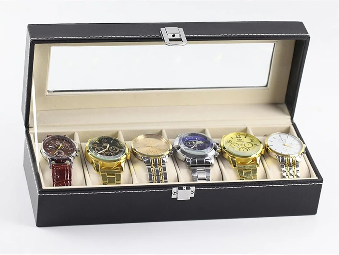 Watch Box Organizer Case | 6 Slot PU Leather Holder for Men & Women | Luxury Black & Gray Watch Storage with Glass Top, Velvet Lining, Travel Friendly image 2