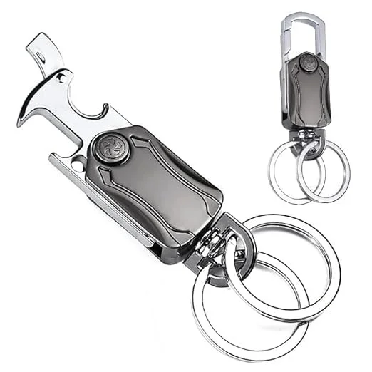Multifunction Keychain 5-in-1 | Heavy Duty Dual Ring Metal Key Chain with Cutter, Bottle Opener, Mobile Holder, 360° Spinner, Car & Bike Carabiner Keyring image 1