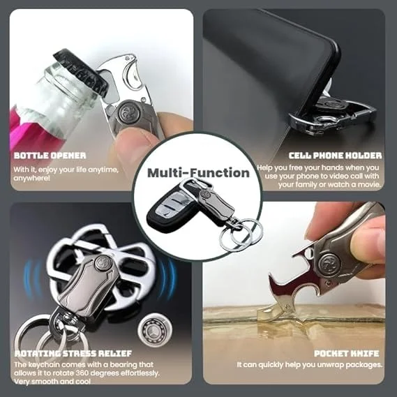Multifunction Keychain 5-in-1 | Heavy Duty Dual Ring Metal Key Chain with Cutter, Bottle Opener, Mobile Holder, 360° Spinner, Car & Bike Carabiner Keyring image 3