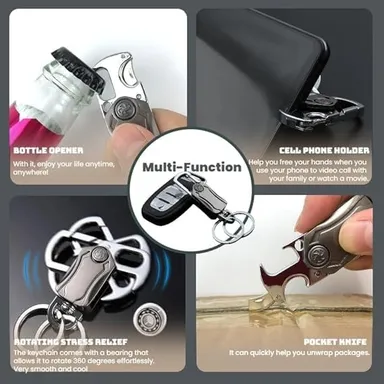 Multifunction Keychain 5-in-1 | Heavy Duty Dual Ring Metal Key Chain with Cutter, Bottle Opener, Mobile Holder, 360° Spinner, Car & Bike Carabiner Keyring thumbnail 2