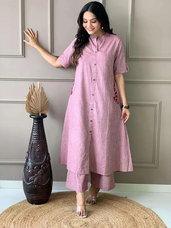 Women’s Cotton Embroidered Kurti with Palazzo Set | A-Line Long Style | Lavender M Size | Ethnic Wear Casual Festive Outfit image 4