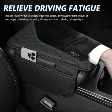 Car Center Console Armrest Cover Pad | PU Leather Armrest Cushion with 2 Mobile Pockets | Universal Fit for SUV, Truck & Car | Auto Seat Box Cover thumbnail 2
