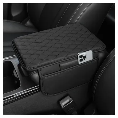Car Center Console Armrest Cover Pad | PU Leather Armrest Cushion with 2 Mobile Pockets | Universal Fit for SUV, Truck & Car | Auto Seat Box Cover thumbnail 0