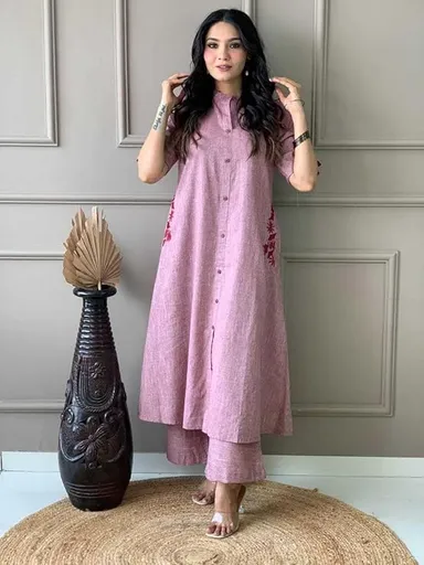 Womens Cotton Embroidered A Line Kurti with Palazzo | Lavender L | Office Wear | Festive Wear thumbnail 2