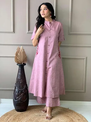 Women Cotton Embroidered | A Line Kurti with Palazzo | Lavender XL Size | Long Kurti Palazzo for Office Party Festive Wear thumbnail 1
