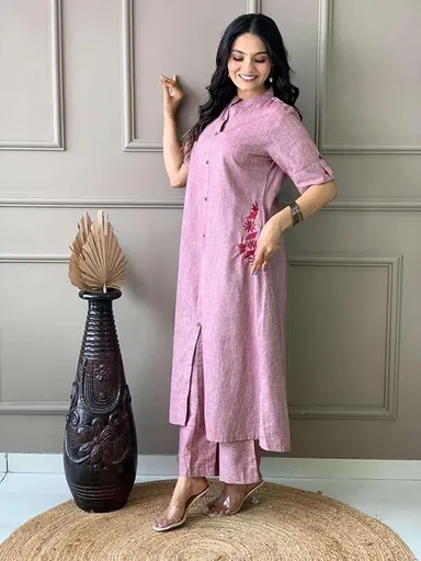 Women Cotton Embroidered | A Line Kurti with Palazzo | Lavender XL Size | Long Kurti Palazzo for Office Party Festive Wear thumbnail 0