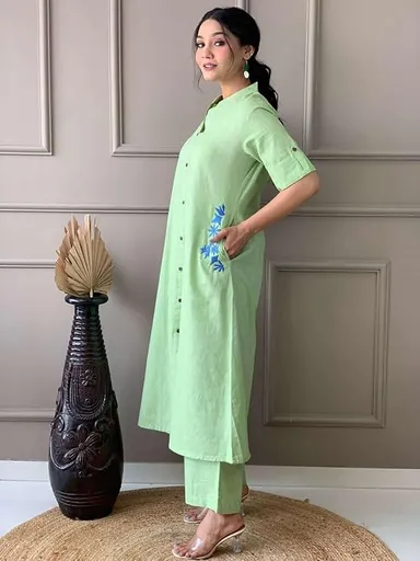 Women Cotton Embroidered A-Line Kurti | Palazzo Set | Mint Green L | Casual Festive Wear thumbnail 1