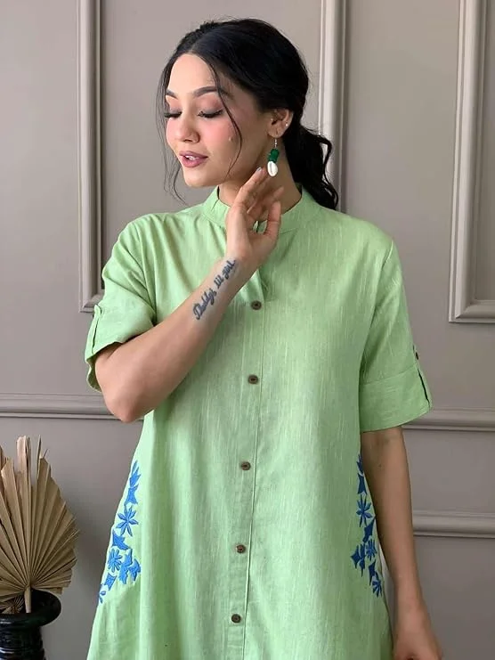 Women Cotton Embroidered A-Line Kurti | Palazzo Set | Mint Green L | Casual Festive Wear image 3