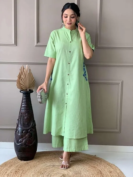 Women Cotton Embroidered A-Line Kurti | Palazzo Set | Mint Green L | Casual Festive Wear image 1