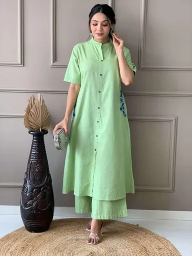 Women Cotton Embroidered A-Line Kurti | Palazzo Set | Mint Green L | Casual Festive Wear thumbnail 0