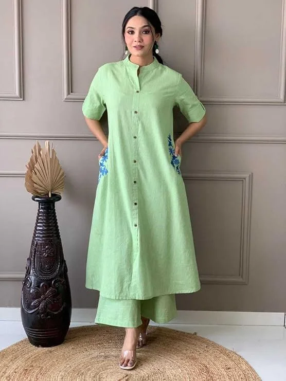 Women Cotton Embroidered Kurti | A-Line Long Kurti | Mint Green XL | Casual Festive Wear image 4