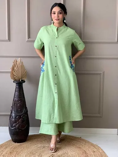 Women Cotton Embroidered Kurti | A-Line Long Kurti | Mint Green XL | Casual Festive Wear thumbnail 3