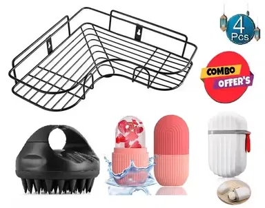 Plantex Self‑Adhesive Soap Rack Combo Pack  | Stainless Single‑Layer Black Powder‑Coated Corner Shelf | Hair Brush & Ice Roller & Travel Soap