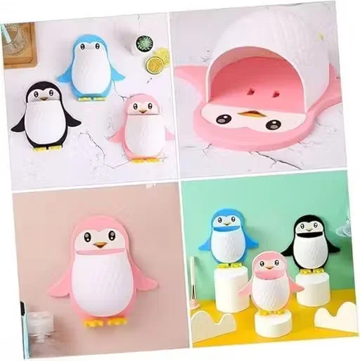 Penguin Wall‑Mounted Toothbrush Holder & Multifunctional Organizer | Plastic PP Material | For Bathroom & Kitchen & Kids Rooms – Pink | Strong Adhesive | No Drilling image 4