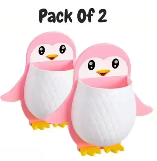 Penguin Wall‑Mounted Toothbrush Holder & Multifunctional Organizer | Plastic PP Material | For Bathroom & Kitchen & Kids Rooms – Pink | Strong Adhesive | No Drilling image 1