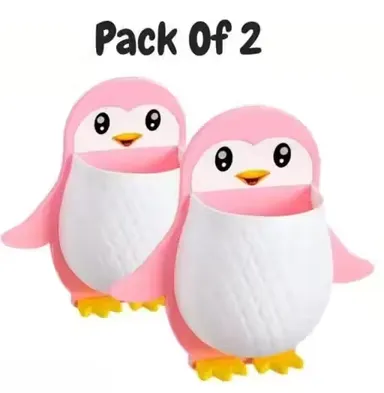 Penguin Wall‑Mounted Toothbrush Holder & Multifunctional Organizer | Plastic PP Material | For Bathroom & Kitchen & Kids Rooms – Pink | Strong Adhesive | No Drilling