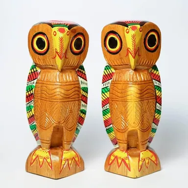 Handmade Wooden Owl Couple Showpiece Set | 6 Inch Owls Figurines | Decorative Wooden Craft for Home Décor | Gift Item thumbnail 0