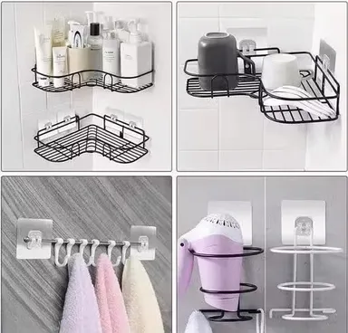 Adhesive Shower Hooks Pack Of 10  | Self Adhesive Wall Mount Corner Shelf | Waterproof Bathroom & Kitchen Wall Hooks | Transparent, Durable, Easy Install thumbnail 2