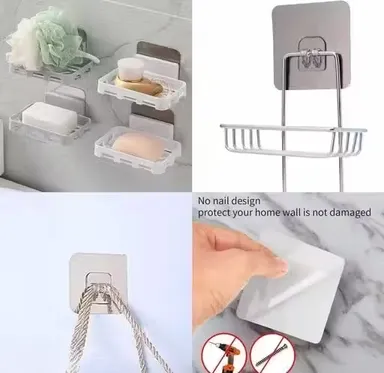 Adhesive Shower Hooks Pack Of 10  | Self Adhesive Wall Mount Corner Shelf | Waterproof Bathroom & Kitchen Wall Hooks | Transparent, Durable, Easy Install thumbnail 3