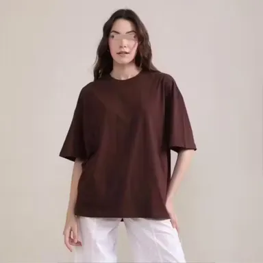 Brown Oversized T-Shirt | Relaxed Fit Cotton Tee | Trendy Party & Casual Wear | Women, Comfortable Three-Quarter Sleeve thumbnail 1
