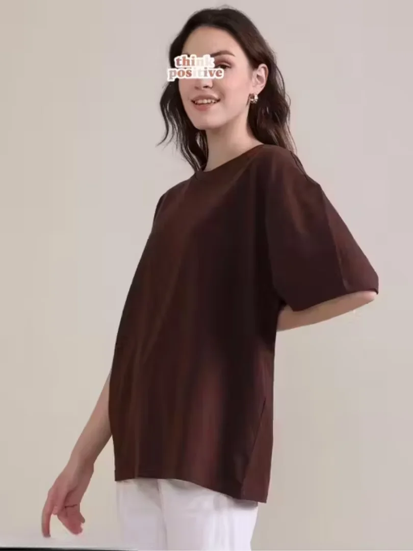 Brown Oversized T-Shirt | Relaxed Fit Cotton Tee | Trendy Party & Casual Wear | Women, Comfortable Three-Quarter Sleeve image 3